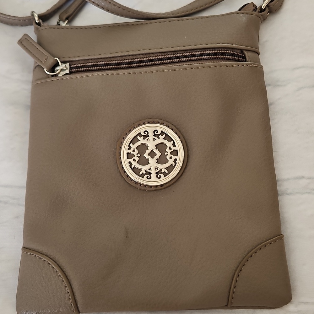 Flat Crossbody Bag Taupe Faux Leather Outside And Inside Pockets Zip Close